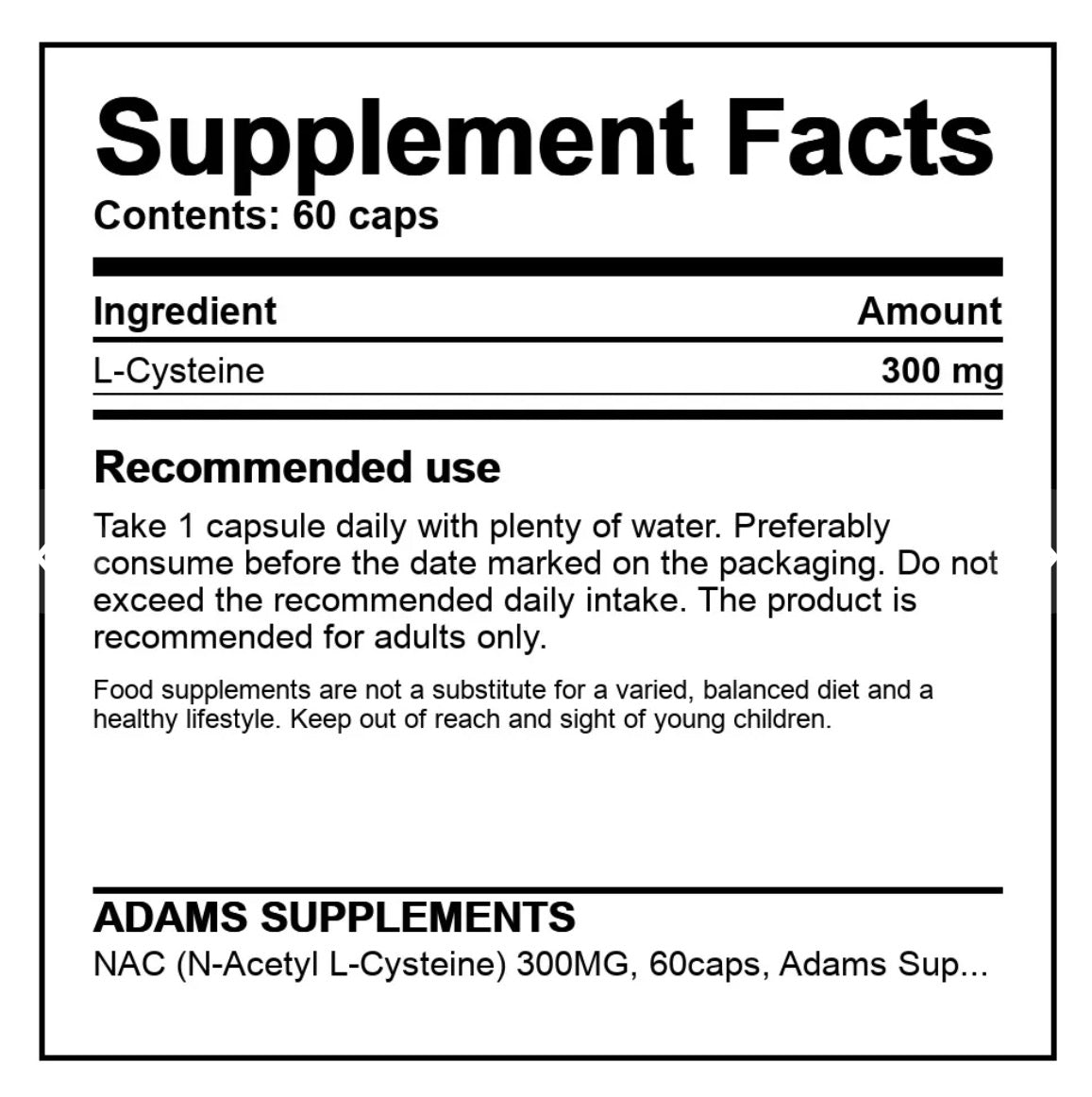 Συμπληρώματα Adams, NAC (N-ακετυλο L-κυστεΐνη) 300mg, 60cps