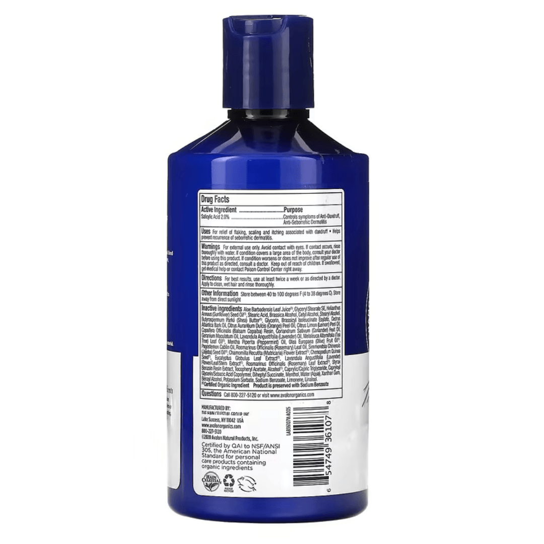 Herbalistas Avalon Organics chamomile anti-dandruff conditioner in a 14 oz bottle, featuring a white cap and label with chamomile imagery.