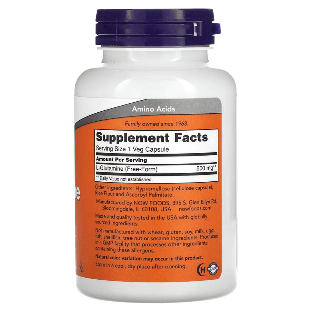 Old Products NOW Foods L-Glutamine supplement capsules, 120 vegetarian softgel capsules, with 500 mg of L-Glutamine.