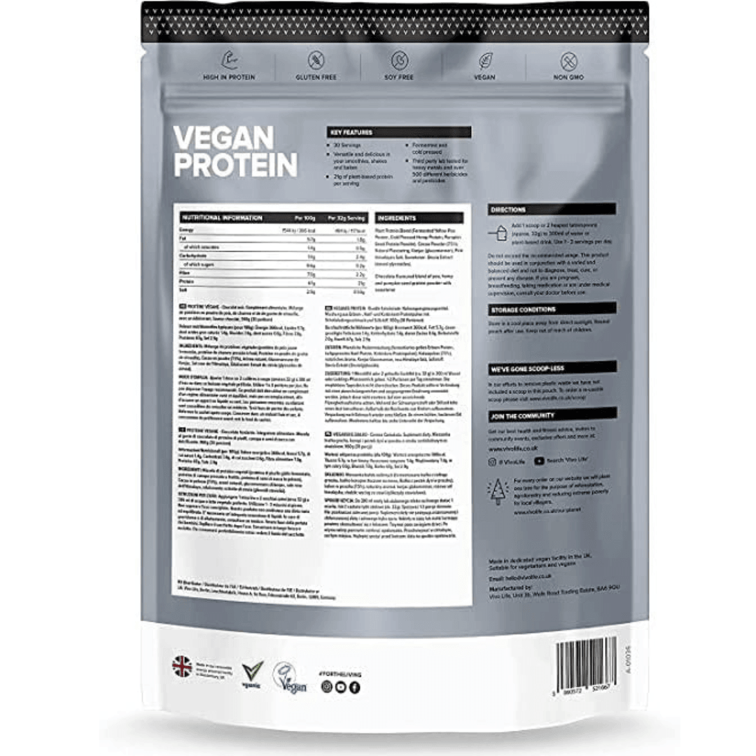 Vivo Life plant-based protein powder with 30 servings, showing the protein powder container and scoop on a white background.