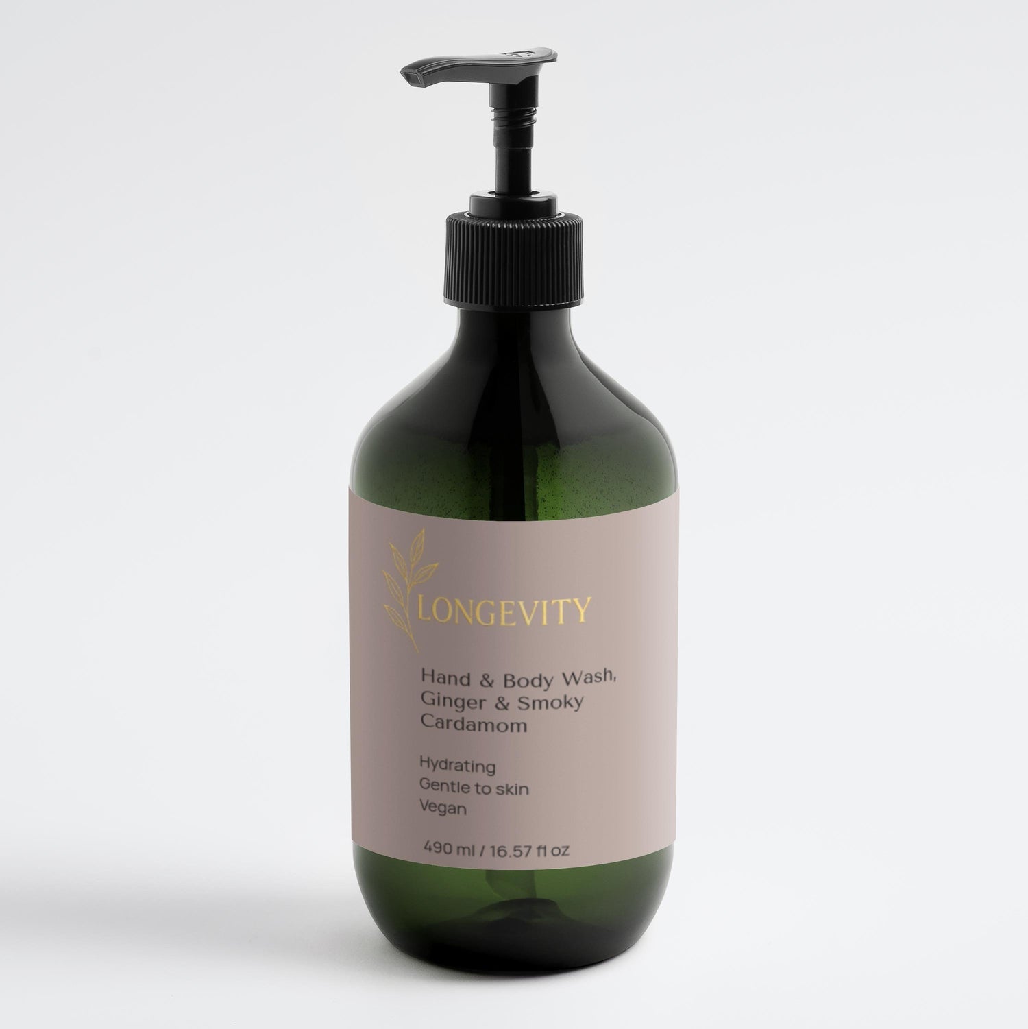 SELFMAMED Longevity Hand & Body Wash with ginger and smoky cardamom, 490ml bottle showing the product label and packaging details.