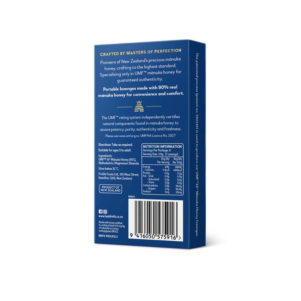 Herbalistas Haddrell's Manuka Honey UMF16+ MGO570+ lemon lozenges in an 8-pack, featuring honey and lemon flavor for health and wellness.