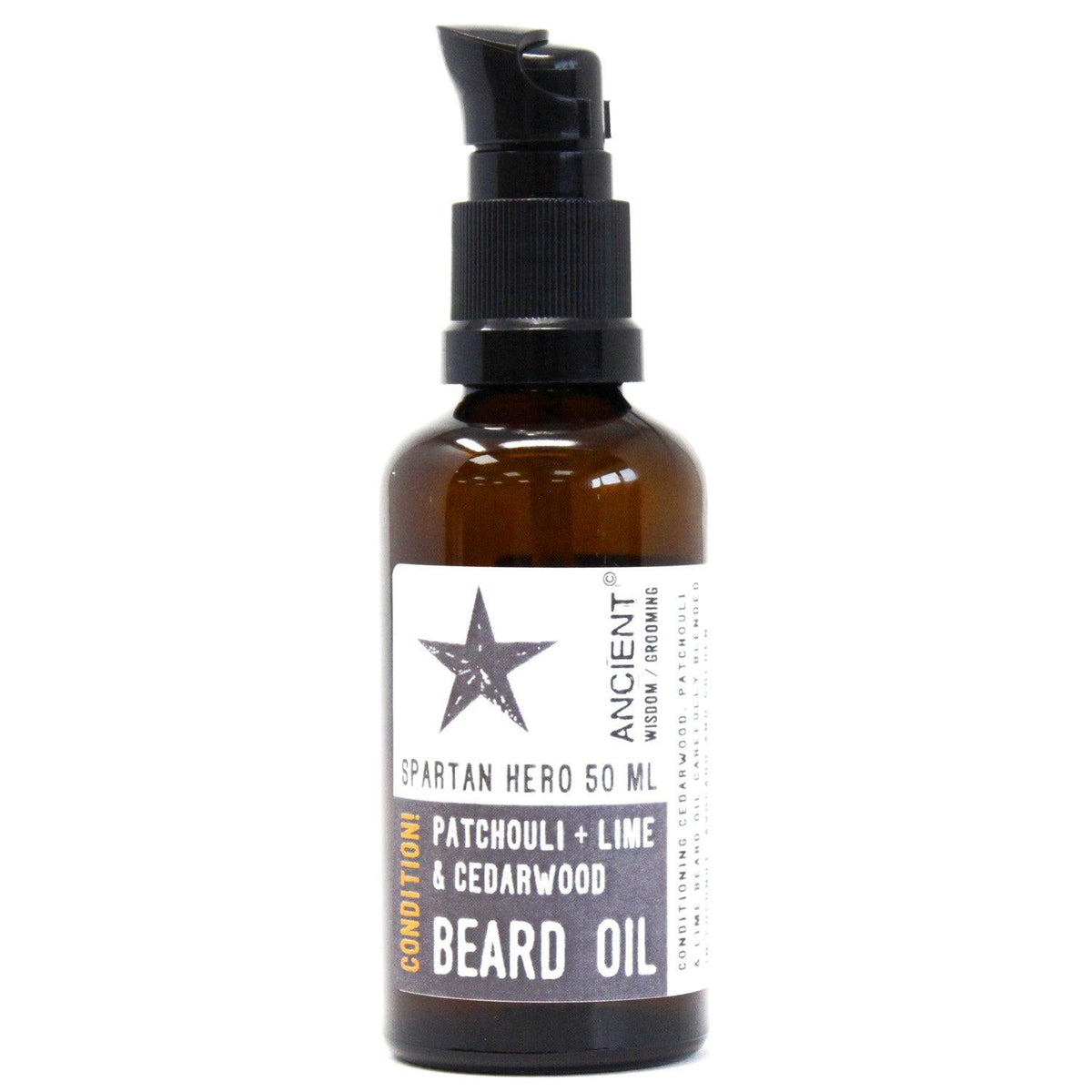 AW Gifts Spartan Hero beard oil bottle, 50ml, hair care product with a rugged design for nourishing and conditioning facial hair.