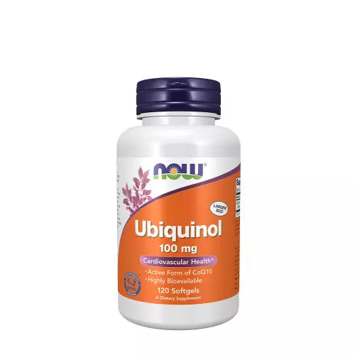Now Foods Ubiquinol 100 mg softgels by MKSTAVRINOS showing the product label with supplement details.