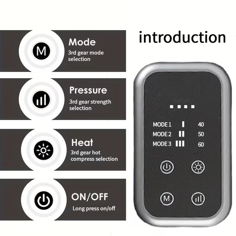 Electric full-leg massager by TEMU with adjustable intensity and heat therapy, showing massaging straps and control panel.