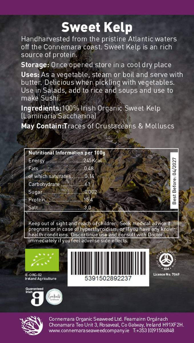 Old Products Connemara BIO Sun Dried Sweet Kelp in 40g package, showing dried kelp strips on the back of the packaging.