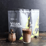 Vivo Life plant-based protein powder with 30 servings in a resealable bag, showing the product packaging and label.