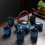 Japanese kiln-glazed porcelain tea set with 6 cups and teapot, dark blue, includes filter, by TEMU.
