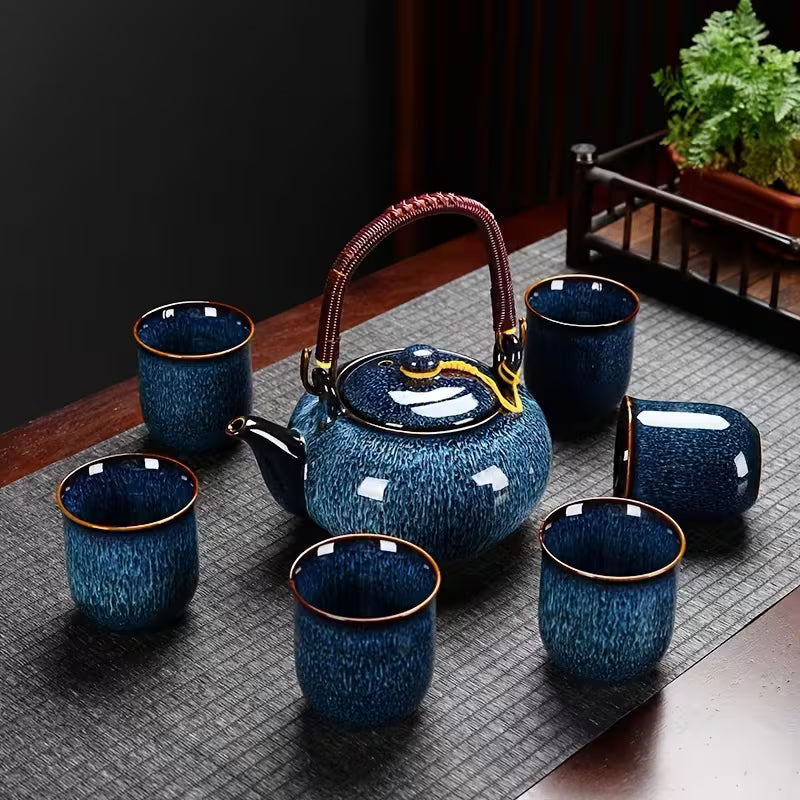 Japanese kiln-glazed porcelain tea set with 6 cups and teapot, dark blue, includes filter, by TEMU.