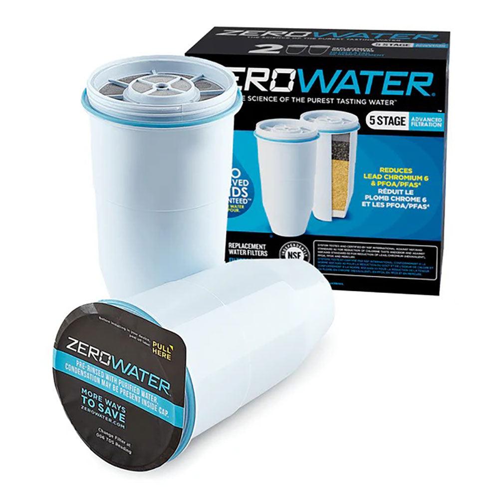 Herbalistas ZeroWater 5-stage ion exchange replacement filter 2-pack with yogurt lid, used for water purification.