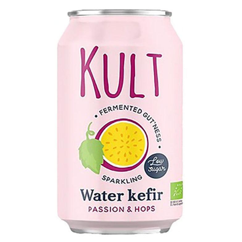 Herbalistas KULT Bio Water Kefir Passion & Hops in 330ml bottle, showing the fermented kefir beverage with passion fruit and hops ingredients.