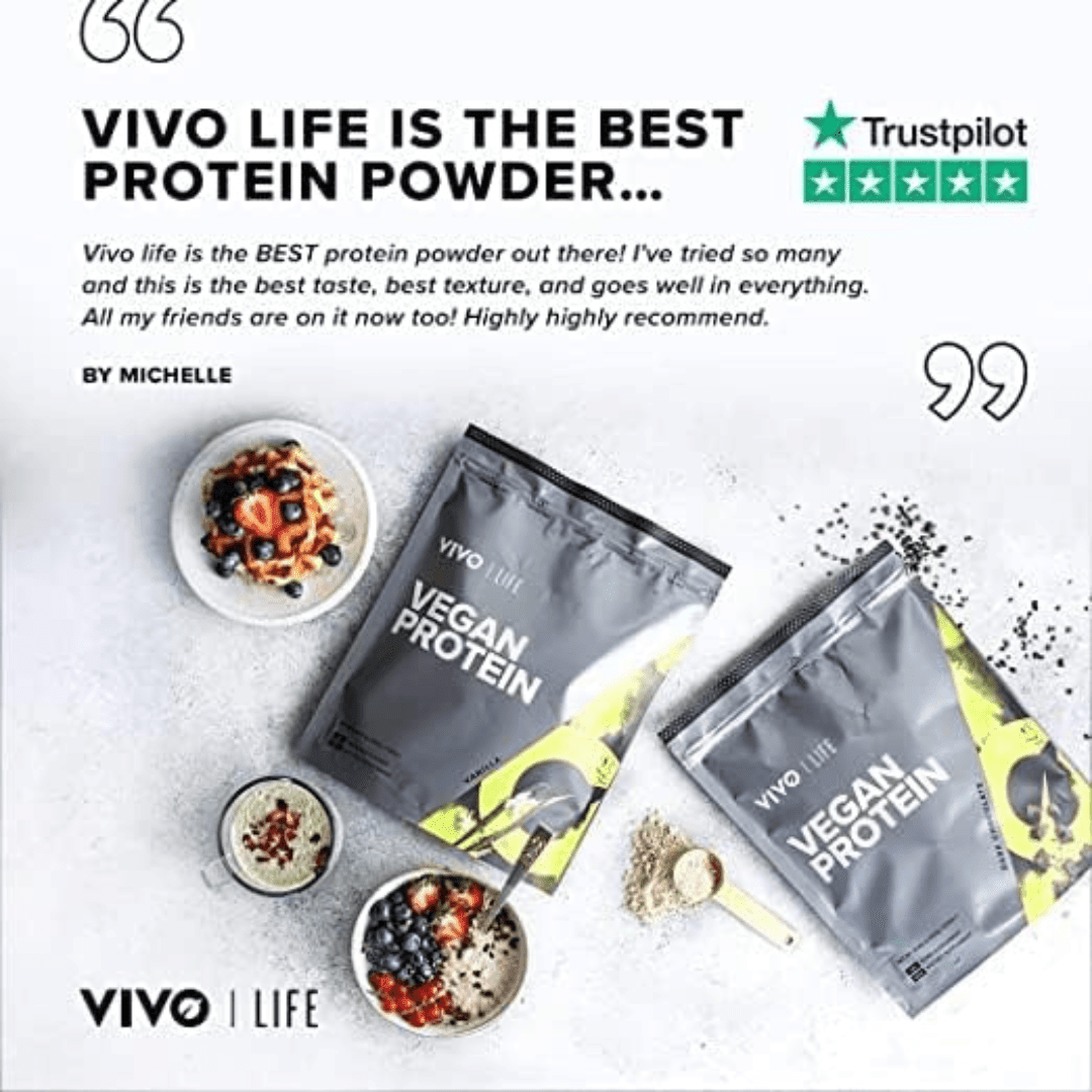 Vivo Life plant-based protein powder with 30 servings, showing a resealable bag of vegan protein supplement.