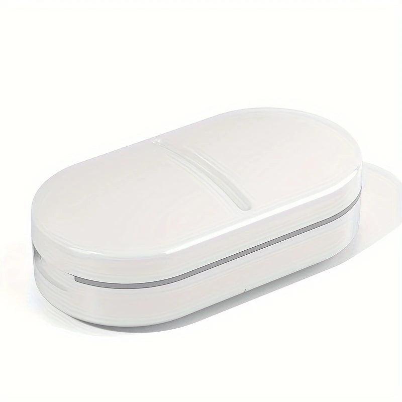 White portable 2-in-1 pill cutter and organizer by TEMU, compact design with compartments and a built-in blade for easy medication management.