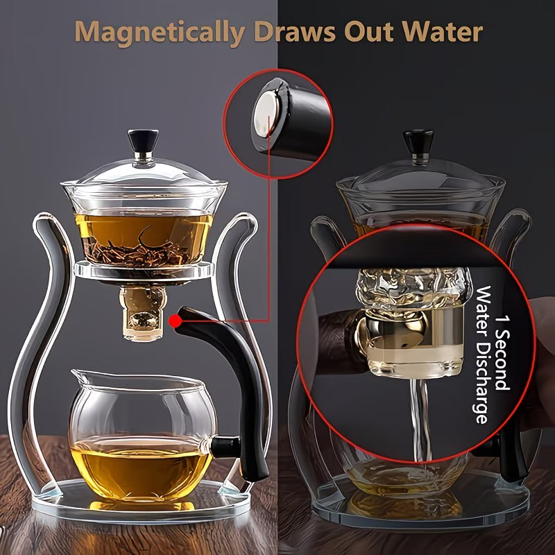 Borosilicate glass Gongfu tea set with lazy style teapot and suction brewing system, designed for premium tea preparation by TEMU.