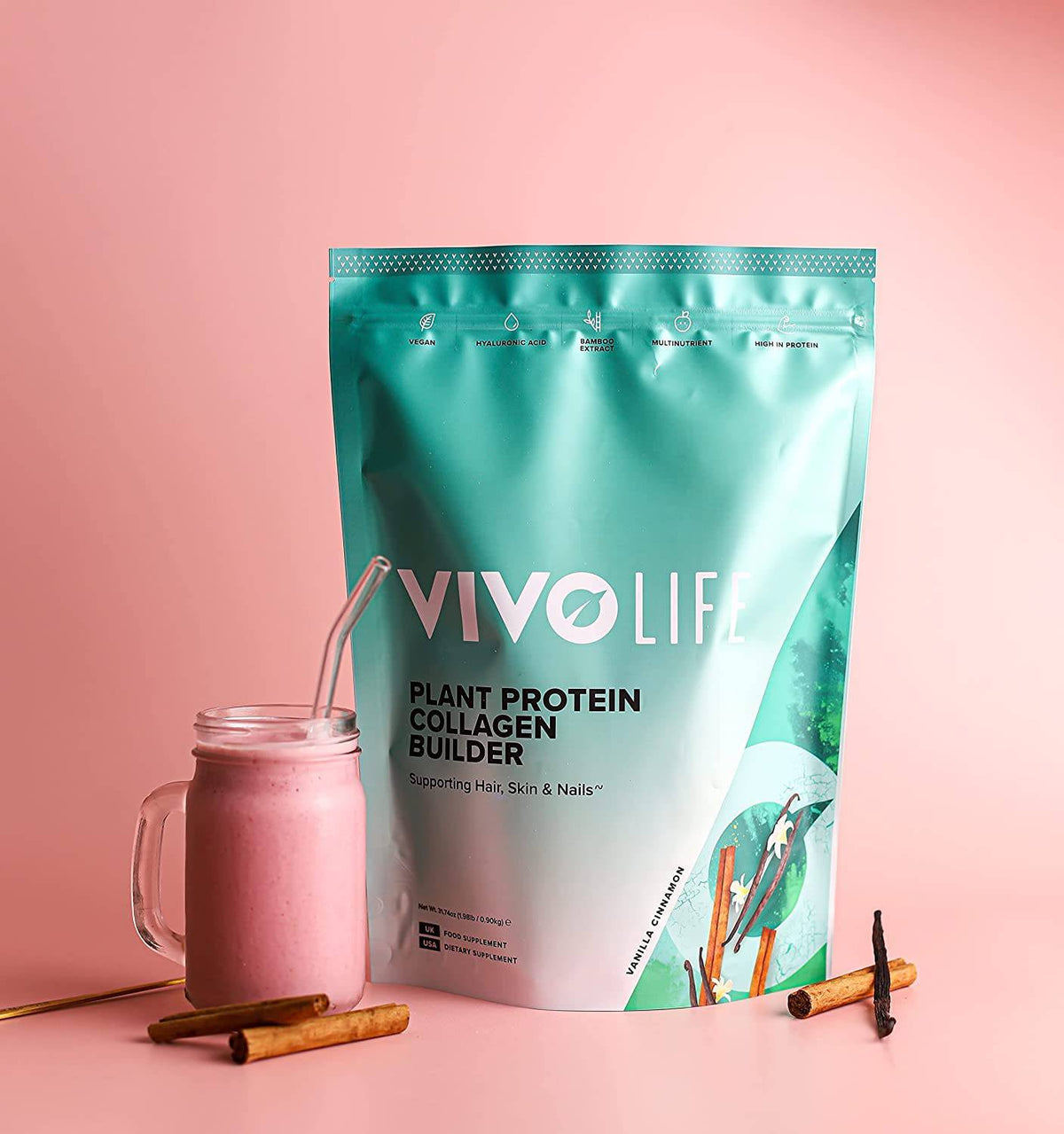 Vivo Life Collagen Builder Plant Protein supplement container with label showing product name and ingredients.