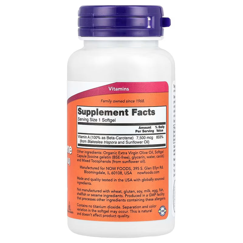 NOW Foods, Φυσική Βήτα Καροτίνη, 7.500 mcg (25.000 IU), 90 Μαλακές Κάψουλες