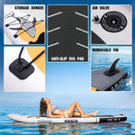 Inflatable TEMU stand-up paddleboard designed for beginners, children, and adults, shown inflated on water.