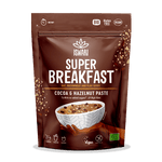 Iswari Bio Super Breakfast cocoa and hazelnut paste in 360g jar, gluten-free superfood spread with rich chocolate and nut flavors.