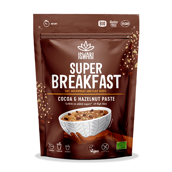Iswari Bio Super Breakfast cocoa and hazelnut paste in 360g jar, gluten-free superfood spread with rich chocolate and nut flavors.