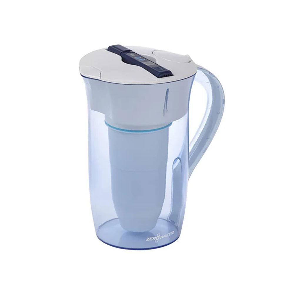 Herbalistas ZeroWater 2.4L round water filter jug with transparent body and blue lid, designed for clean, filtered drinking water.