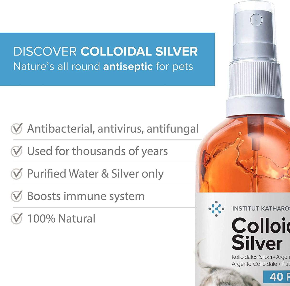 Herbalistas Institut Katharos premium colloidal silver hygiene spray bottle, 500mL, with clear label and silver-colored cap.