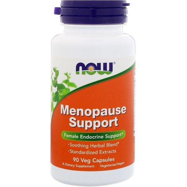 Now Foods Menopause Support supplement with 90 vegan capsules, containing herbal blend for menopause relief and hormonal balance.