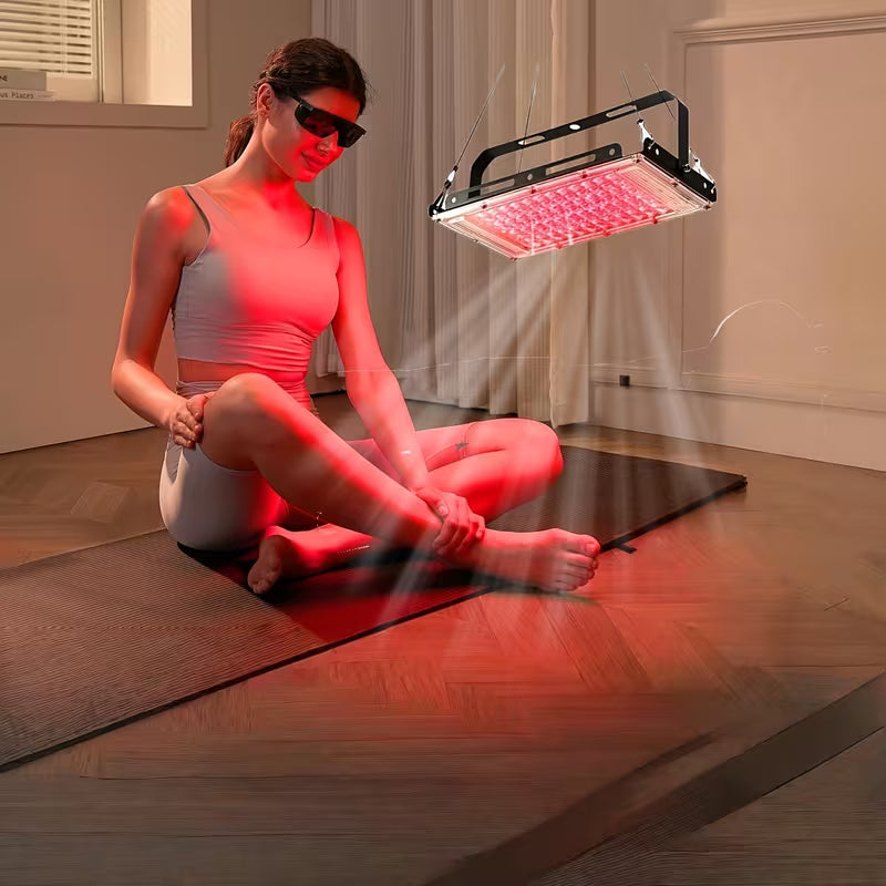 Full-spectrum red light therapy panel by TEMU with 660 nm LED lights for skin and facial care treatment.