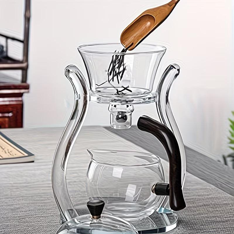 TEMU premium semi-automatic borosilicate glass Gongfu tea set with lazy style teapot and suction brewing components.