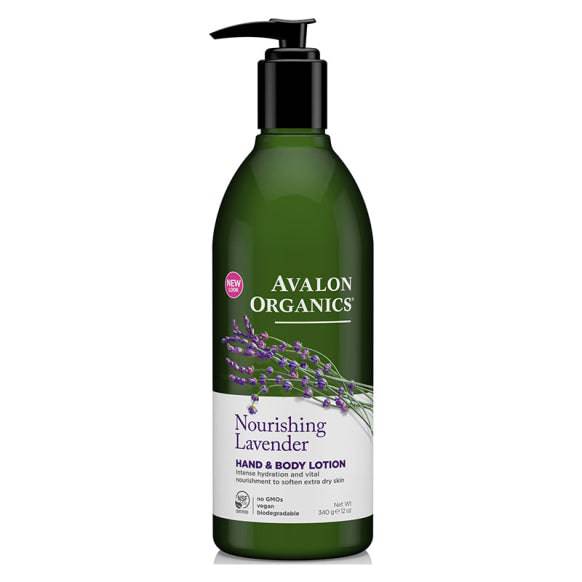 Nourishing lavender hand and body lotion in a 340g bottle with lavender flowers on the label, Avalon Organics OLD PRODUCTS.