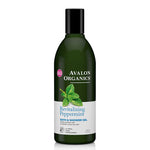 Herbalistas revitalizing peppermint bath and shower gel in 12 fl oz bottle, with fresh peppermint and natural ingredients.