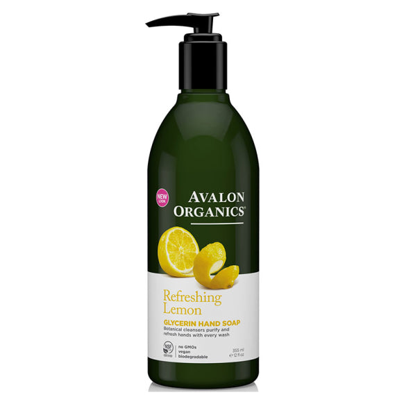 Old Products Avalon Organics glycerin hand soap with refreshing lemon scent in a 355ml bottle, featuring a clear pump dispenser.
