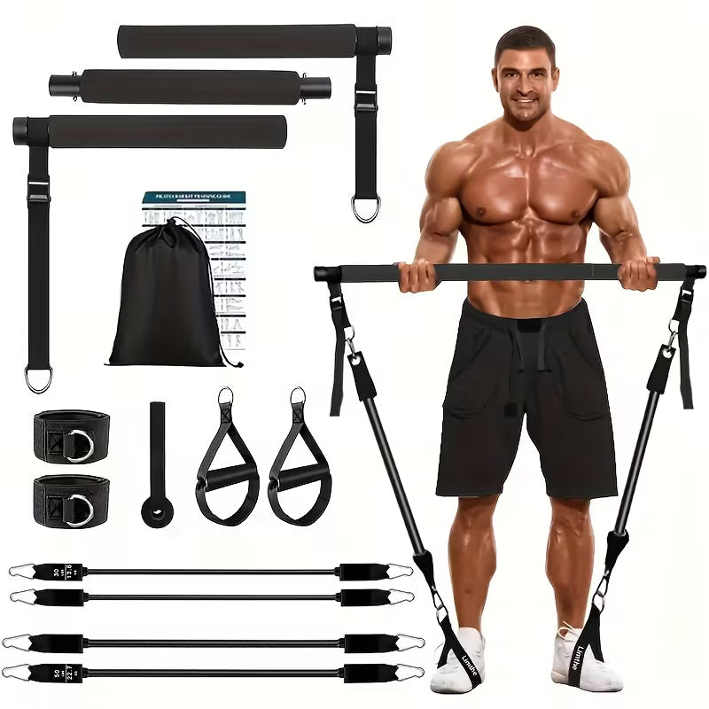 TEMU 12-piece adjustable Pilates bar kit with 4 resistance bands, includes 30 and 50 lbs bands for home fitness workouts.