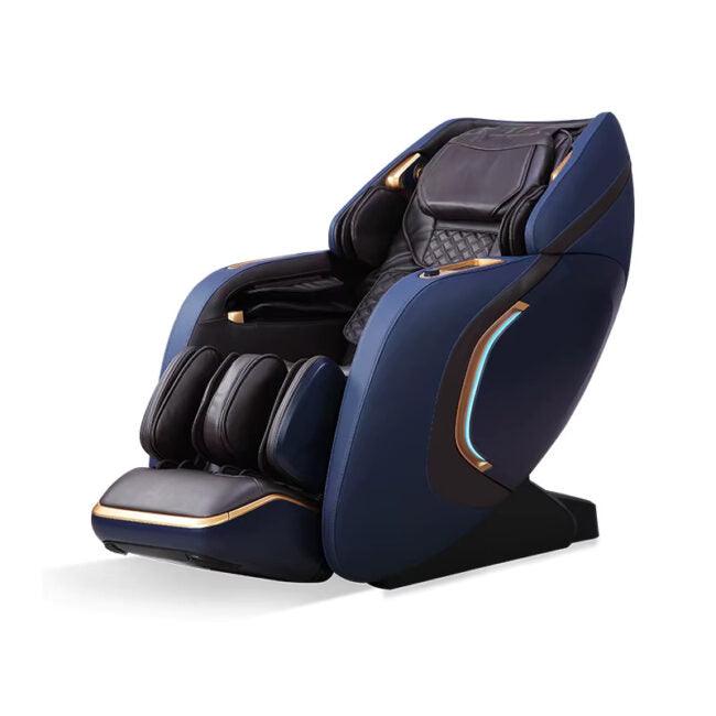 VIKING FITNESS A-632 massage chair in blue and black with padded armrests and built-in control panel for full-body relaxation.