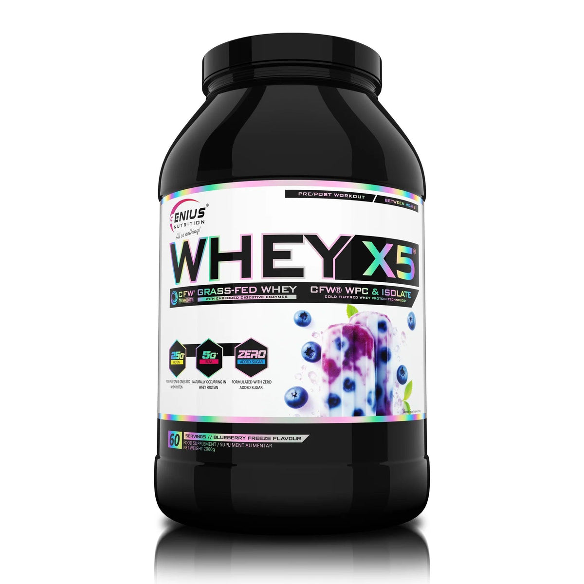 Genius Nutrition WHEY-X5 protein powder in blue flavor with blueberry flavor accents, 900g container, natural fruit imagery.