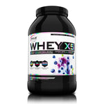 Genius Nutrition WHEY-X5 protein powder in blue flavor with blueberry flavor accents, 900g container, natural fruit imagery.