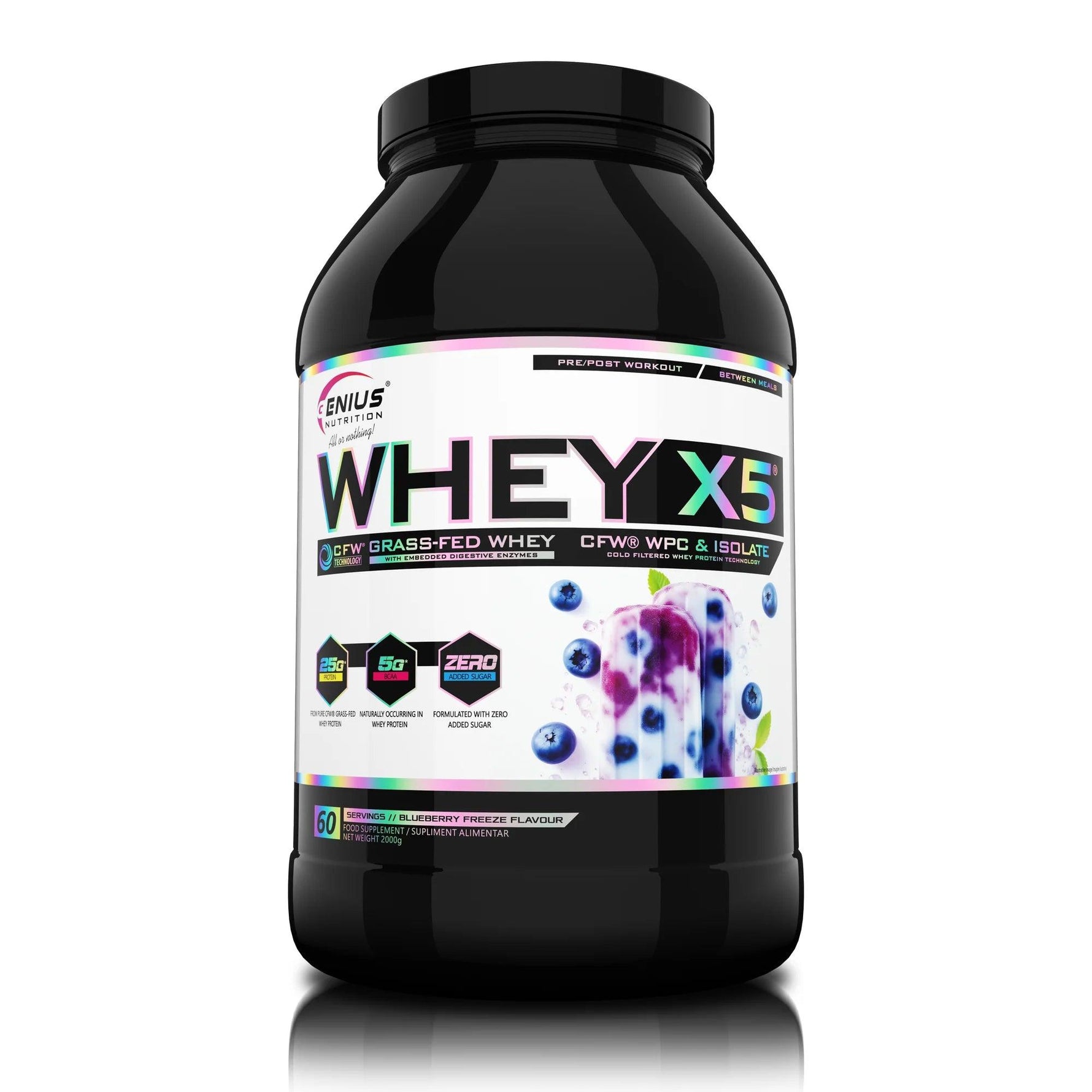 Genius Nutrition WHEY-X5 protein powder in blue flavor with blueberry flavor accents, 900g container, natural fruit imagery.