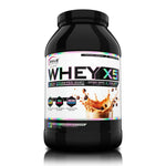 Genius Nutrition WHEY-X5 protein powder in Caribbean flavor, 900g jar with scoop, on a white background.