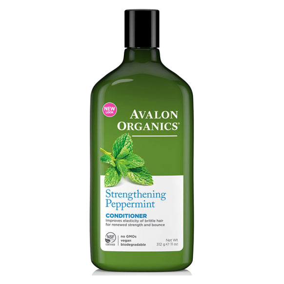 Herbalistas Avalon Organics strengthening peppermint conditioner in a clear 11 oz bottle with mint leaves and conditioner visible.