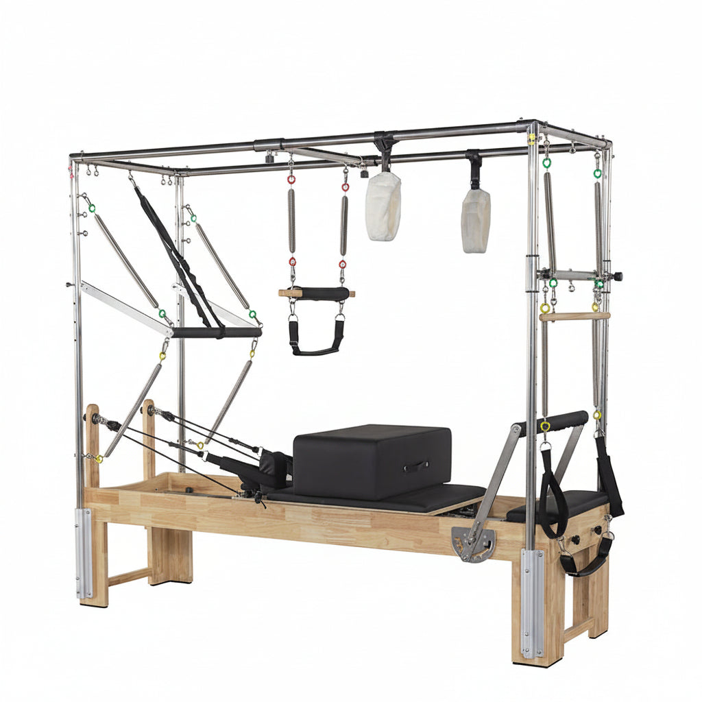 VIKING FITNESS Pilates Cadillac Reformer with adjustable springs, padded carriage, and supportive frame for full-body exercise.