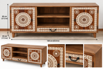Hand-carved white wooden TV cabinet with mandala design, 2 doors, open shelves, ideal for modern home decor.