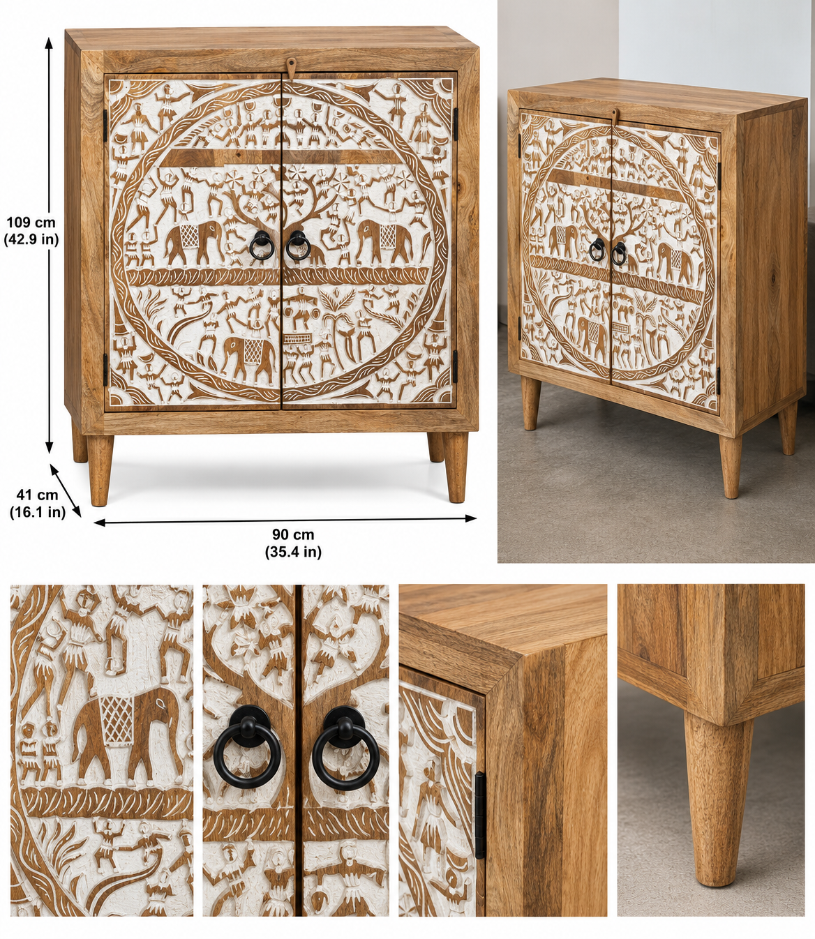 Hand-carved whitewashed wooden elephant cabinet with tribal folk art details, used for stylish home decor storage.