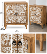 Hand-carved whitewashed wooden elephant cabinet with tribal folk art details, used for stylish home decor storage.