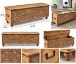 Hand-carved wooden storage chest with floral carvings, serves as a decorative blanket box and storage bench in home decor.
