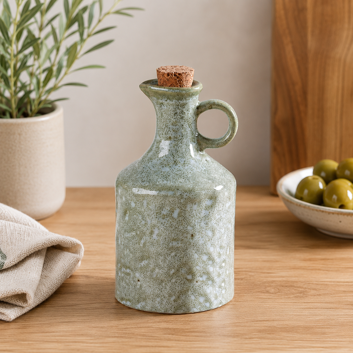 Rustic Elegance Ceramic Oil & Vinegar Bottle with Cork Stopper (Green)