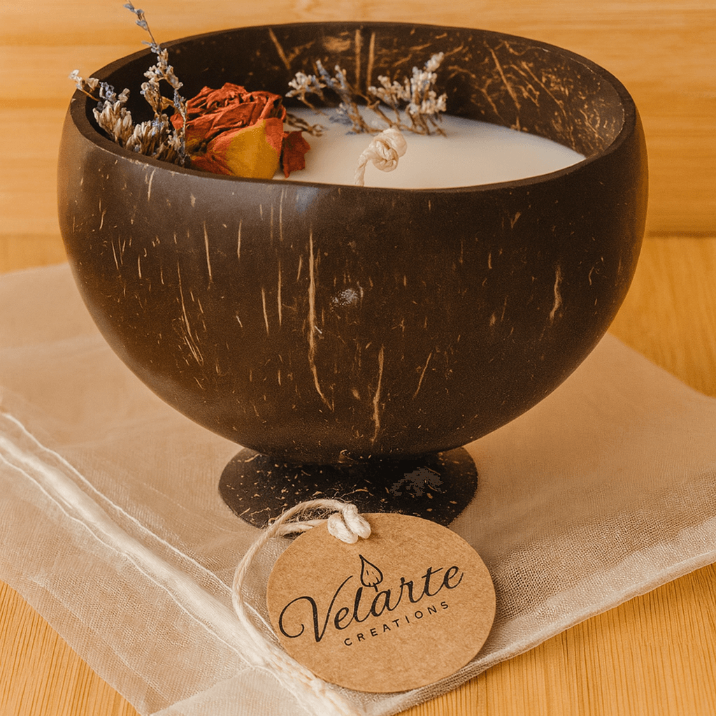 Soy wax candle in a coconut bowl from Velarte, featuring a natural, cozy design with a wooden base.