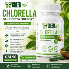 Green Life World Chlorella vegan capsules for daily detox, showing a bottle with 120 green capsules on a white background.