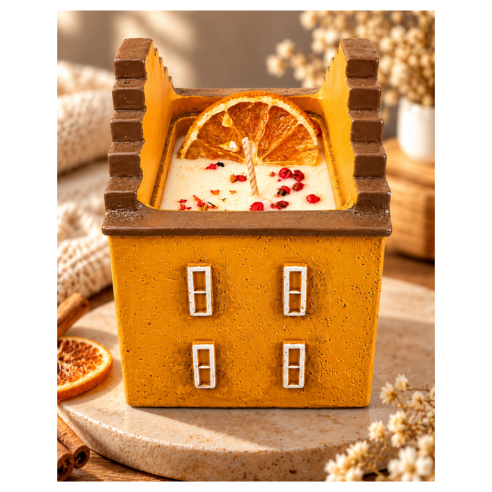 Handmade Little Haven house candle by Velarte with golden amber scent, showcasing a cozy, decorative candle design.