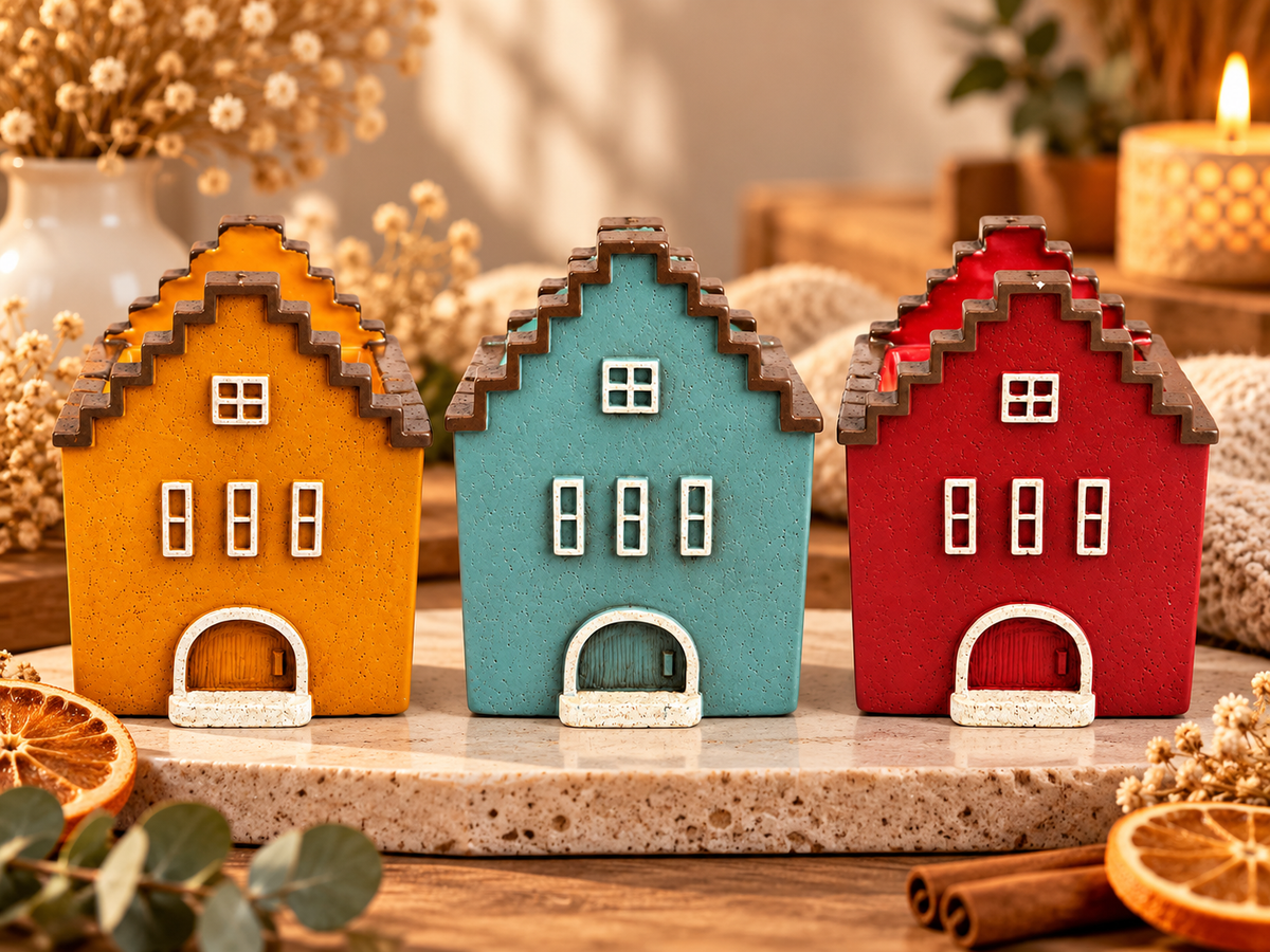 Velarte Christmas Haven Collection handmade soy wax candles in cozy miniature house shapes, perfect for holiday decor.