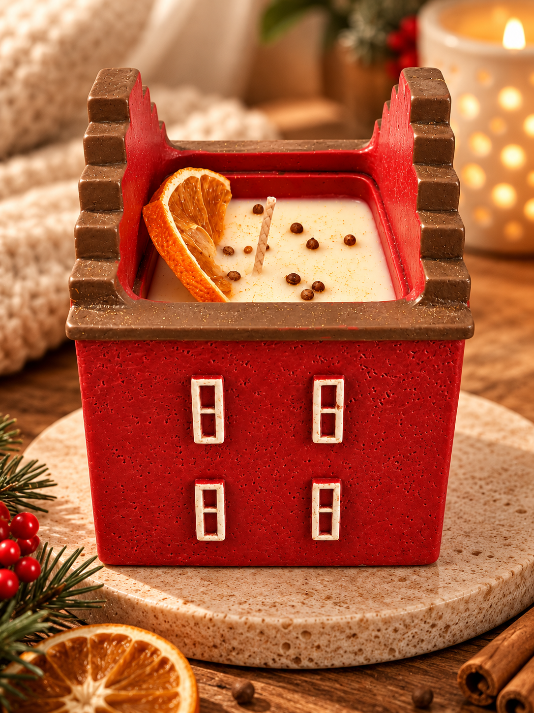 Velarte Little Haven handmade house candle in rustic red, cozy and decorative for warm home ambiance.