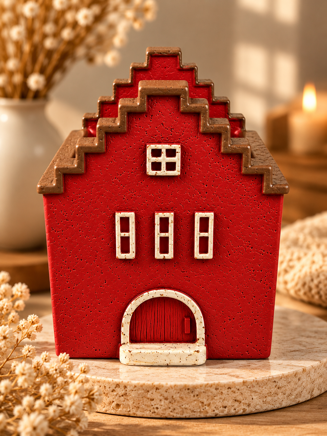 Velarte Little Haven handmade house candle in rustic red, featuring a cozy, detailed candle design in a still life setting.